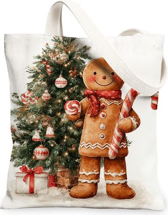 Generic Gingerbread Canvas Tote Bags, Holiday Themed Lightweight Washable Shopping Bags for Christmas Gifts, Eco-Friendly Shoulder, White, 13x15 Inch