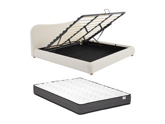 Vente-Unique Canap&eacute; abatible 180 x 200 cm - Tela boucl&eacute; - Beige + Colch&oacute;n - VANARI