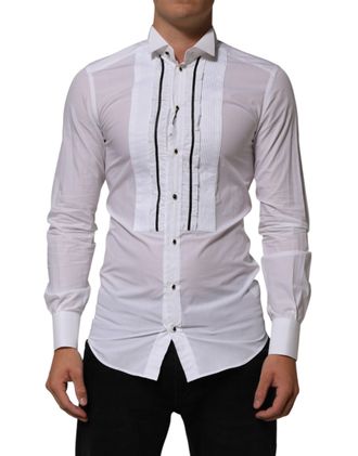 Dolce & Gabbana Mens White Cotton Collared Long Sleeve Gold Dress Shirt