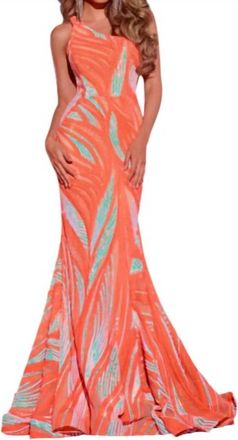 Jovani Beaded Mermaid Gown In Orange