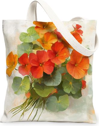 Generic Spring Nasturtium Flower Canvas Tote Bag for Shopping 13x15, Watercolor Florals Plant Reusable Grocery Print Pattern Bag for Women, Botanical Beach Ae