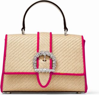 Jimmy Choo London Womens Cheri Crystal Medium Top Handle Bag In Raffia Pink Leather Trim