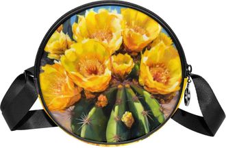 Generic Circle Crossbody Bag for Women, Cactus Flowers Small Sling Bag Daypack with Zipper Adjustable Shoulder Straps Casual Ladies Girls Round Purse