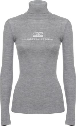 Elisabetta Franchi Fitted High Neck Wool Sweater with Embroidered Logo