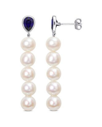 Rina Limor Silver 2.30 Ct. Tw. Created Blue Sapphire 7-7.5Mm Pearl Linear Earrings