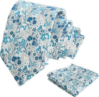 Alizeal Mens 8cm Colorful Floral Necktie and Pocket Square Classic Wedding Tie and Hanky Set, Turquoise+Teal