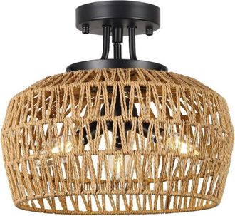 OEM L&aacute;mpara De Techo De Rat&aacute;n Tejido Con Pantalla De Mimbre Hecha A Mano, Ara&ntilde;a Bohemia De 3 Luces, Iluminaci&oacute;n De Acento Ideal Para El Dormitorio, El Pas