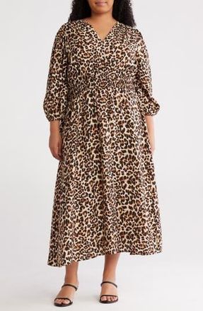 Renee C Leopard Smocked Waist Midi Dress in Chocolate at Nordstrom Rack, Size 3X