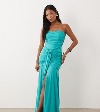 Tfnc Petite Vestito lungo a fascia sinuoso e arricciato color acqua-Blu