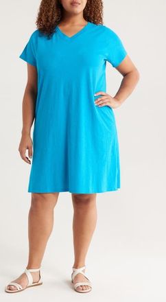 Eileen Fisher V-Neck Organic Cotton T-Shirt Dress in Oahu Blue at Nordstrom, Size 1X