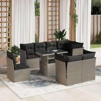vidaXL Set Muebles Jard&iacute;n 9 Pzas Y Cojines Rat&aacute;n Sint&eacute;tico Gris Claro Vidaxl