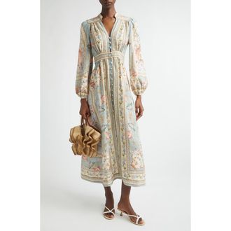 Zimmermann Roselight Plunge Long Sleeve Linen & Silk Midi Dress in Blue Tapestry Floral at Nordstrom, Size 0P