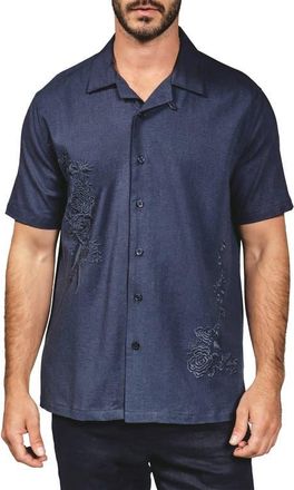 7 Diamonds Marco Floral Embroidered Camp Shirt in Blue at Nordstrom, Size Xx-Large