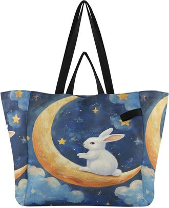 Generic Rabbit Moon Stars pattern Reusable Canvas Tote Bag, Heavy Duty Grocery Shopping Bag with Large Capacity Double Handles Hard Bottom Work Groceries Trav