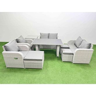 Fimous 9 Pieces Outdoor pe Rattan Sofa Reclining Chair Set Patio Garden Furniture Sets with Cushions Side Table 3 Stools Light Grey - Fimous