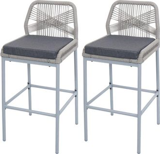 Hhg Nunca Usado] Juego De 2 Taburetes De Bar De Cuerda Hhg 988, Asiento Exterior De Mimbre De Cuerda De Metal, Gris Claro, Coj&iacute;n Gris Oscuro