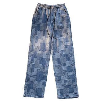 Generic Mens Jeans for Men,Loose Fit Patchwork Straight Leg Y2K Hip Hop Dance Stretch Denim Pants Mens Wide Leg Smart Streetwear Drawstring Trousers Blue L