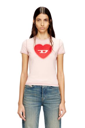 Diesel Slim T-shirt with heart print and studs - T-Shirts - Woman - Pink