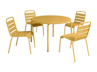 Vente-Unique Mesa y sillas de jard&iacute;n de metal - Mesa D.110cm y 4 sillas apilables - Amarillo mostaza - MIRMANDE de MYLIA