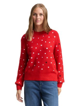 Tom Tailor Denim Strickpullover TOM TAILOR DENIM, Damen, Gr. XXL, rot with hearts, Strick, Obermaterial: 79% Polyacryl, 18% Polyester, 3% Elasthan, bestickt, relaxed f