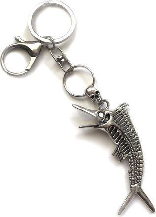 Generic KEYRING - Sword Fish Skelleton Skull - Silver Plated. 30mm Split Ring And Trigger Clasp. Goth Emo Rock. Key Ring. Swordfish