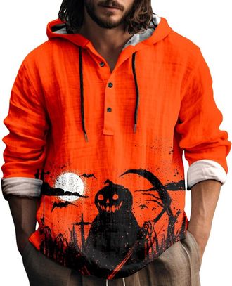 Generic Halloween Hoodies for Men Skull Print Sweatshirt Cotton and Linen Hooded Shirts Long Sleeve Button Down Pullover Tops Playeras De Halloween para Hombr