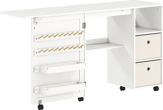 OEM Mesa De Costura Plegable Con 6 Ruedas 18 Clavijas 2 Cajones Y 3 Compartimentos Blanco
