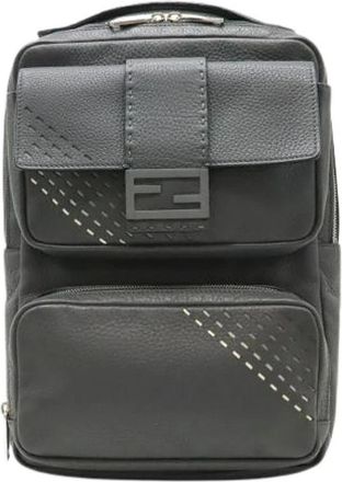 Fendi Pre-owned Backpacks, male, Gray, Size: ONE SIZE Pre-owned Selleria FF Logo Leather Backpack
