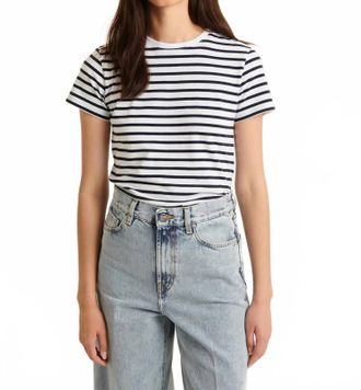Patrick Assaraf Iconic Classic Stripe Crew Tee In White/ Navy