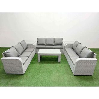 Fimous Pe Rattan Lounge Sofa Set 9 Seater Outdoor Garden Furniture Set with Oblong Coffee Table 3 Seater Sofa 2 Side Table Light Grey - Fimous