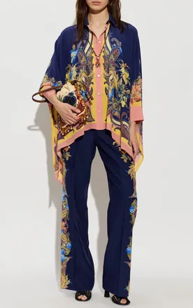 Etro Silk Pleated Trousers, Womens, Navy Blue