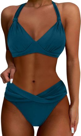Generic Womens Bikini Set Two Piece Swimsuit Sexy Halter Neck Tie Bathing Suit Mid-High Waisted Bikini Sets for Women UK V Neck Push Up Underwired Swimsuits f