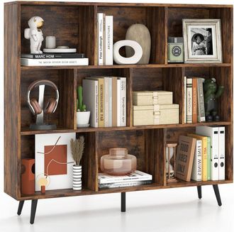 Costway 10-Cube Bookcase Mid Century Modern Storage Organizer-Brown