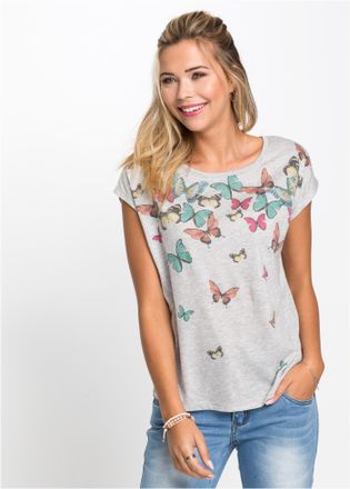 Bonprix T-Shirt BONPRIX, Damen, Gr. 56/58 (XXXL), grau (grau meliert), Obermaterial: 65% Polyester, 35% Viskose, slim fit, Shirts T-Shirt, Slim fit Passform, 