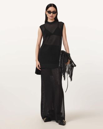 AllSaints Cotton/Polyester Yuri Knitted Maxi Skirt, Size: L