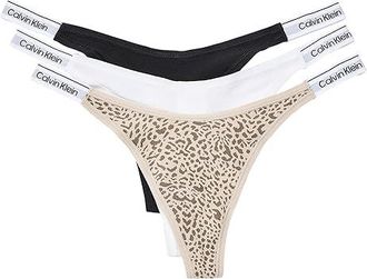 Calvin Klein Underwear Icon Logo Dipped Thong 3-Pack Womens Underwear Black/Classic White/Animal Mirror Oxford Tan : MD (US 8-10)