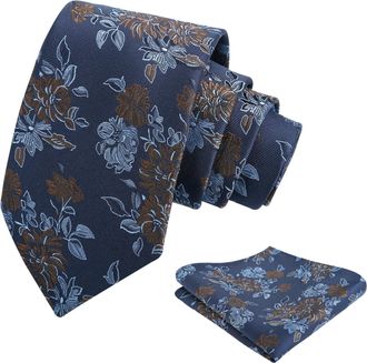 Alizeal Mens Retro Floral Necktie and Hanky Business Wedding Tie and Pocket Square Set, Navy Blue+Brown