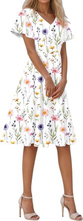 Generic Summer Dresses for Women Short Sleeve V-Neck Floral Wrap Waist Casual Dress Casual Plus Size Bohemian Floral Midi Summer Beach Swing Boho Dress Holida