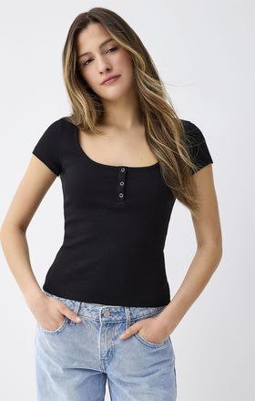 Twik Womens Fine ribbing Henley Shirt collar T-shirt