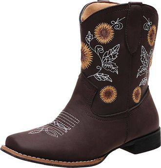 Generic Wide Fit Cowboy Ankle Boots for Women Embroidered Pointed Toe Chunky Retro Slip On Mid-Heels Western Cowgirls Boots Retro Leather Western Cowboy Knee 