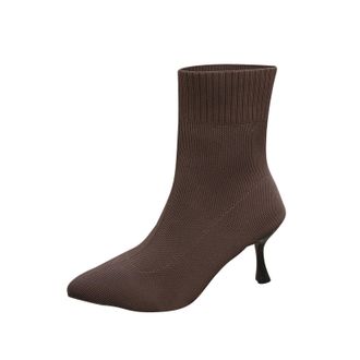 Generic Sock Boots for Women Stretch Knit Short Booties Stylish Solid Color Breathable Chelsea Booties Pointed Toe Kitten Heel Comfy Slip On Ankle Boots Fall 