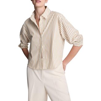 Kenneth Cole Stripe Button-Up Crop Top in Pure White/Burlap at Nordstrom, Size Medium