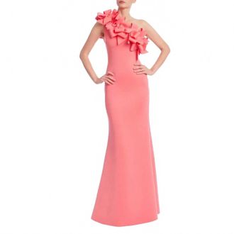 Badgley Mischka One Shoulder With Bows Prom Gown In Coral