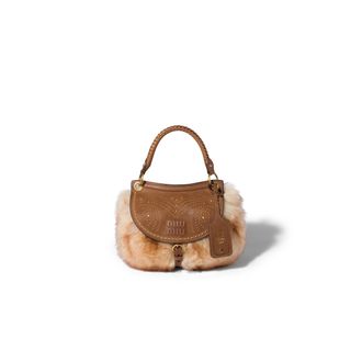 Miu Miu Rendez-vous Shearling And Nappa Leather Bag With Metal Studs, Woman, Honey/oak