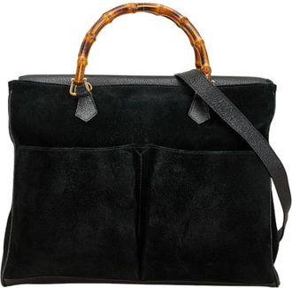 Gucci Bamboo Black Suede Leather Shoulder Bag Tote Bag (Pre-Owned)