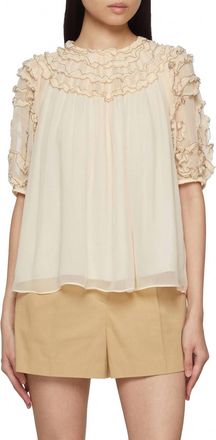 Ulla Johnson Isolda Silk Smocked Short Sleeve Blouse In Chantilly