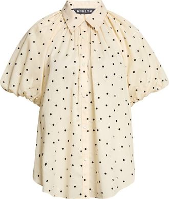 Ashlyn Charlie Flocked Polka Dot Cotton Button-Up Shirt in Black Dots On Beige at Nordstrom, Size X-Small