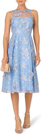 Adrianna Papell Floral Embroidered Fit & Flare Midi Cocktail Dress in Light Blue/Gold at Nordstrom, Size 12