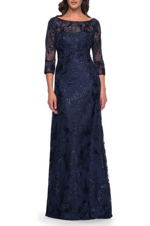 La Femme Beautiful Lace Mother of the Bride Dress with Illusion Neckline in Navy at Nordstrom, Size 12