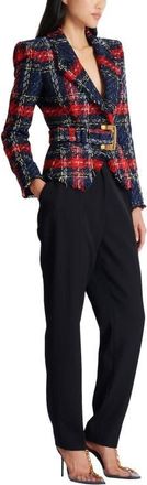 Balmain Belted plaid tweed jacket in Red at Nordstrom, Size 40 Eu